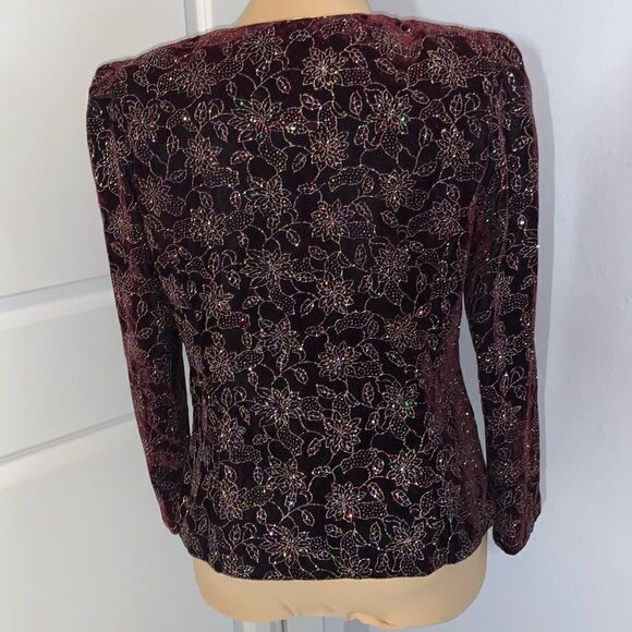 R&K Evenings Velvet Red Sparkly Floral Blazer - Picture 3 of 6